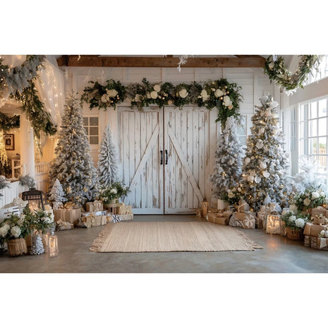 Christmas Backgrounds For Photographs Christmas Tree White Wooden Door Winter Snow Decorations