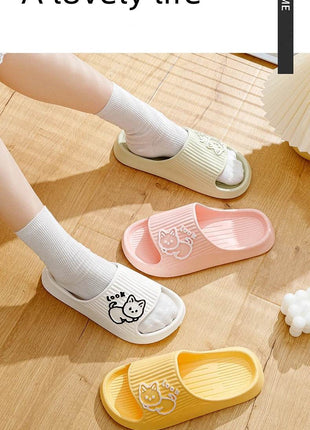 Cute Cartoon Kitten Women's Summer Slippers Indoor Bathroom Cloudy Soft Sole Non-slip Leisure Comfort Couple Home Shoes - MimiStylez