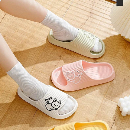 Cute Cartoon Kitten Women's Summer Slippers Indoor Bathroom Cloudy Soft Sole Non-slip Leisure Comfort Couple Home Shoes - MimiStylez