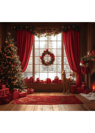 Christmas Backdrop Winter Window Xmas Tree Snowy Night Teddy Bear Christmas Backdrop