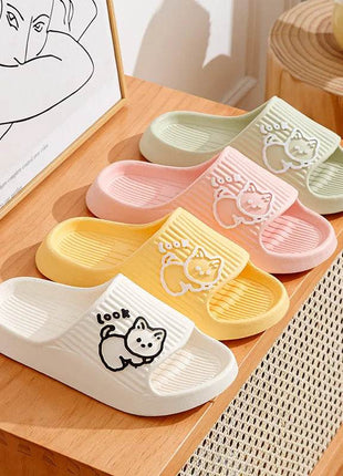 Cute Cartoon Kitten Women's Summer Slippers Indoor Bathroom Cloudy Soft Sole Non-slip Leisure Comfort Couple Home Shoes - MimiStylez