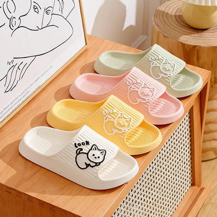 Cute Cartoon Kitten Women's Summer Slippers Indoor Bathroom Cloudy Soft Sole Non-slip Leisure Comfort Couple Home Shoes - MimiStylez