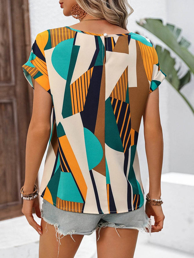 Wwomen's fashionable and elegant geometric pattern printed bat sleeve shirt - MimiStylez