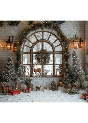 Christmas Photography Backdrop Xmas Tree Wreath Elk Brick Wall Window Snow Scene Backdrop