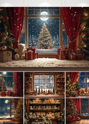 Christmas Backdrop Winter Window Xmas Tree Snowy Night Teddy Bear Christmas Backdrop