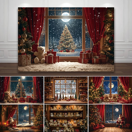 Christmas Backdrop Winter Window Xmas Tree Snowy Night Teddy Bear Christmas Backdrop
