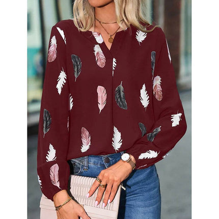 Woman Blouse Shirts For Women Stylish Top long Sleeve Feather Pattern Female Tops Elegant Chiffon Mujer Woman Clothes - MimiStylez