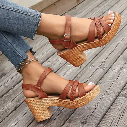 Women's Braided High Heels Sandals Summer Chunky Platform Gladiator Sandals Woman Ankle Straps Vacation Casual Shoes