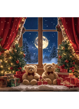 Christmas Backdrop Winter Window Xmas Tree Snowy Night Teddy Bear Christmas Backdrop