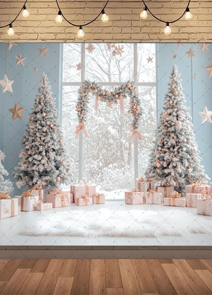 Backdrop Christmas Trees Stars Portrait Window Tulle Curtains Gift Decor