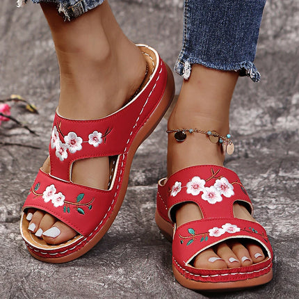 Women Slippers Embroider Flowers Leather Woman Sandals Light Casual Wedges