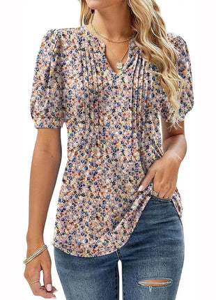 Womens Tunic Tops V Neck Shirts Short Sleeve Puff Pleated Casual Blouses Puff Pleated Work Blouse - MimiStylez