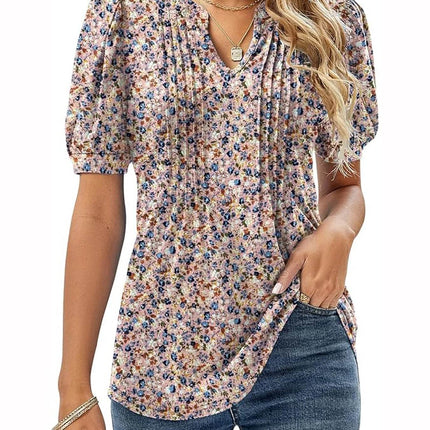 Womens Tunic Tops V Neck Shirts Short Sleeve Puff Pleated Casual Blouses Puff Pleated Work Blouse - MimiStylez