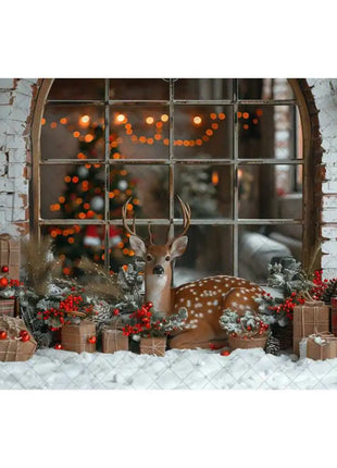 Christmas Photography Backdrop Xmas Tree Wreath Elk Brick Wall Window Snow Scene Backdrop