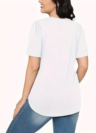 Womens Tunic Tops V Neck Shirts Short Sleeve Puff Pleated Casual Blouses Puff Pleated Work Blouse - MimiStylez