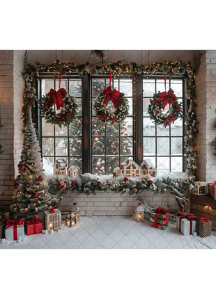 Christmas Photography Backdrop Xmas Tree Wreath Elk Brick Wall Window Snow Scene Backdrop