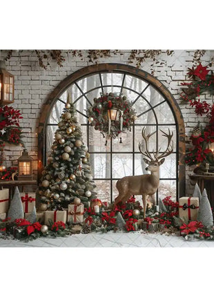 Christmas Photography Backdrop Xmas Tree Wreath Elk Brick Wall Window Snow Scene Backdrop
