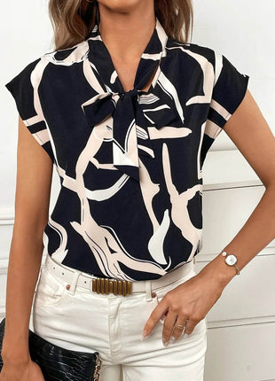 Brush Print Tie Neck Blouse, Elegant Short Sleeve - MimiStylez