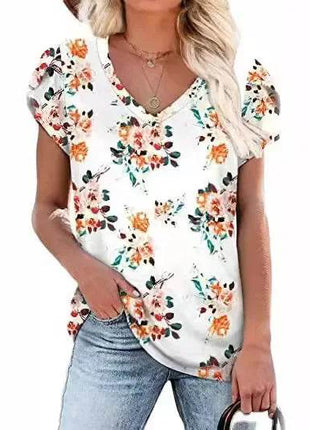 Loose Short Sleeve V-Neck Printed Womens Half Sleeve T-Shirt - MimiStylez