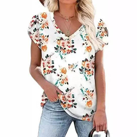 Loose Short Sleeve V-Neck Printed Womens Half Sleeve T-Shirt - MimiStylez