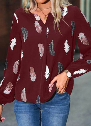Woman Blouse Shirts For Women Stylish Top long Sleeve Feather Pattern Female Tops Elegant Chiffon Mujer Woman Clothes - MimiStylez