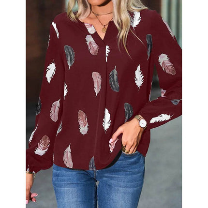 Woman Blouse Shirts For Women Stylish Top long Sleeve Feather Pattern Female Tops Elegant Chiffon Mujer Woman Clothes - MimiStylez