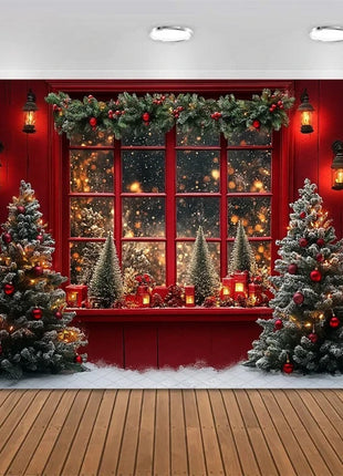Christmas Tree Red Door Window Snow Backdrop