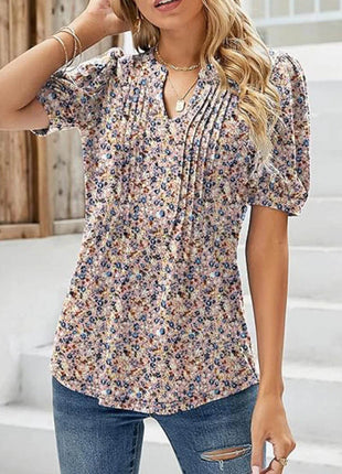 Womens Tunic Tops V Neck Shirts Short Sleeve Puff Pleated Casual Blouses Puff Pleated Work Blouse - MimiStylez