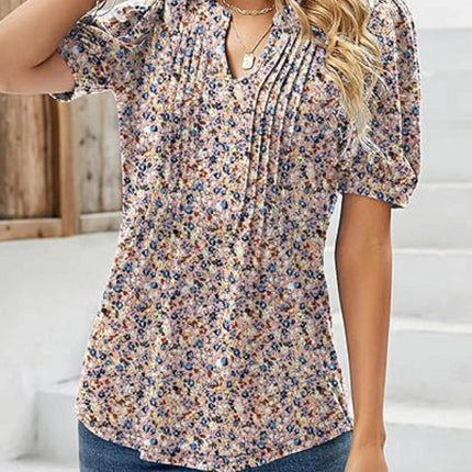 Womens Tunic Tops V Neck Shirts Short Sleeve Puff Pleated Casual Blouses Puff Pleated Work Blouse - MimiStylez
