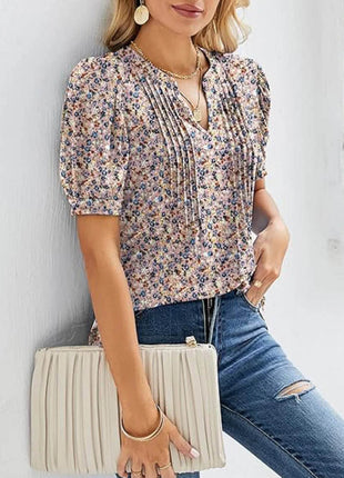 Womens Tunic Tops V Neck Shirts Short Sleeve Puff Pleated Casual Blouses Puff Pleated Work Blouse - MimiStylez