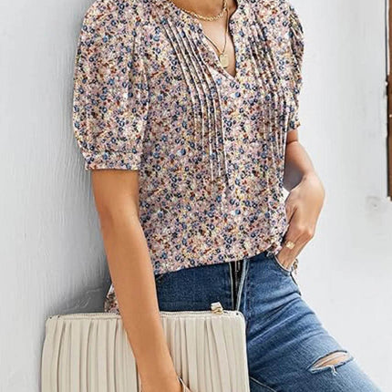 Womens Tunic Tops V Neck Shirts Short Sleeve Puff Pleated Casual Blouses Puff Pleated Work Blouse - MimiStylez