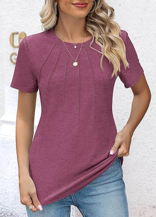 Womens Tunic Tops V Neck Shirts Short Sleeve Puff Pleated Casual Blouses Puff Pleated Work Blouse - MimiStylez