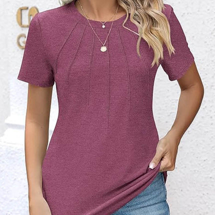 Womens Tunic Tops V Neck Shirts Short Sleeve Puff Pleated Casual Blouses Puff Pleated Work Blouse - MimiStylez