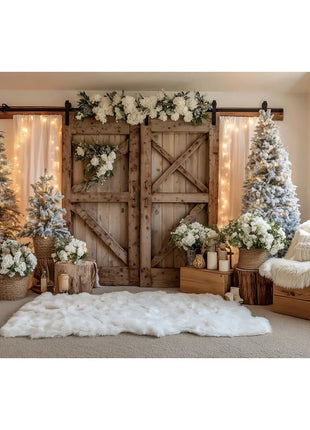 Christmas Backgrounds For Photographs Christmas Tree White Wooden Door Winter Snow Decorations