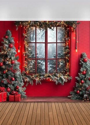 Christmas Tree Red Door Window Snow Backdrop