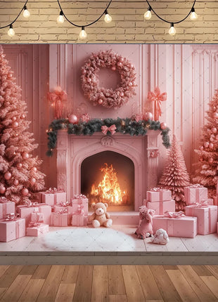 Winter Wonderland Background Banner - Pink Curtains and Snowy Christmas Tree Backdrop
