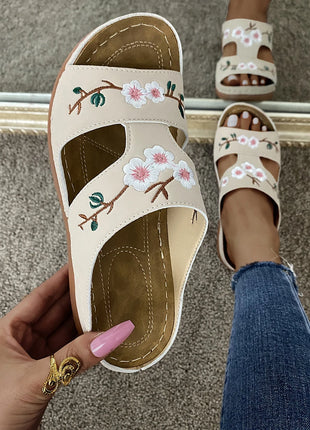 Women Slippers Embroider Flowers Leather Woman Sandals Light Casual Wedges