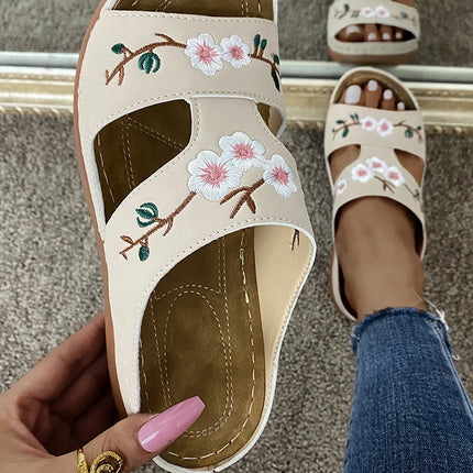 Women Slippers Embroider Flowers Leather Woman Sandals Light Casual Wedges