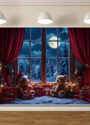 Christmas Backdrop Winter Window Xmas Tree Snowy Night Christmas Backdrop