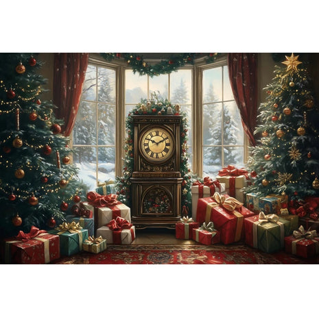Christmas Backdrop Winter Window Xmas Tree Snowy Night Teddy Bear Christmas Backdrop