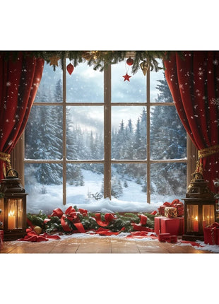 Christmas Backdrop Winter Window Xmas Tree Snowy Night Teddy Bear Christmas Backdrop