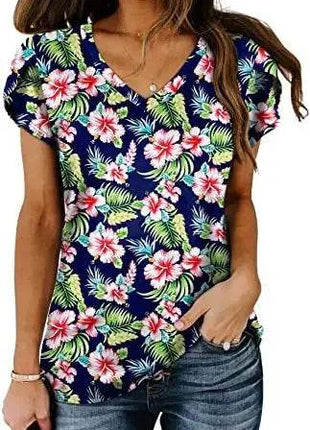 Loose Short Sleeve V-Neck Printed Womens Half Sleeve T-Shirt - MimiStylez