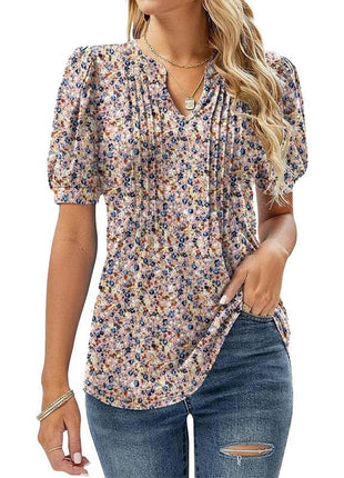 Womens Tunic Tops V Neck Shirts Short Sleeve Puff Pleated Casual Blouses Puff Pleated Work Blouse - MimiStylez