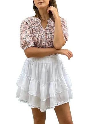 Womens Tunic Tops V Neck Shirts Short Sleeve Puff Pleated Casual Blouses Puff Pleated Work Blouse - MimiStylez