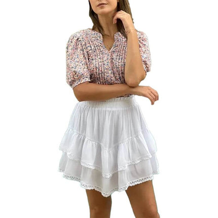 Womens Tunic Tops V Neck Shirts Short Sleeve Puff Pleated Casual Blouses Puff Pleated Work Blouse - MimiStylez