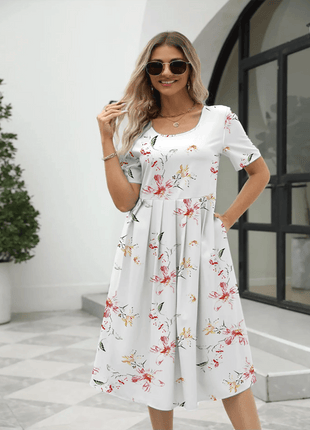 Women's Fashion Loose Flower Print Round Neck Short Sleeve Pocket Dress - MimiStylez