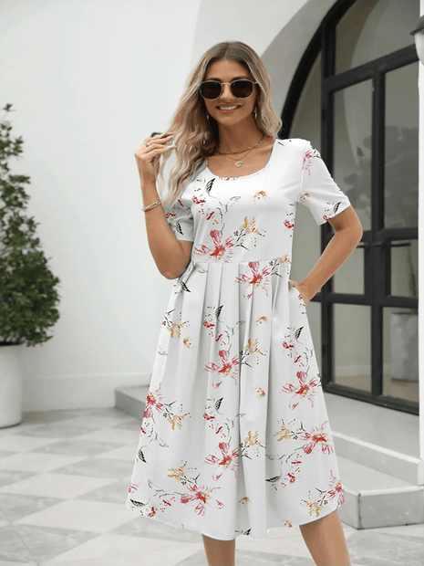 Women's Fashion Loose Flower Print Round Neck Short Sleeve Pocket Dress - MimiStylez