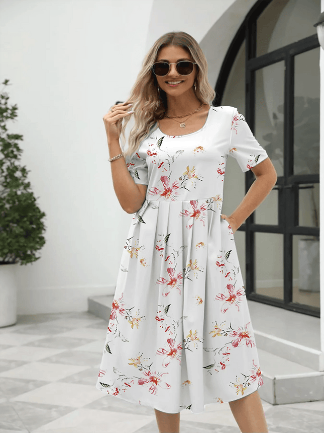 Women's Fashion Loose Flower Print Round Neck Short Sleeve Pocket Dress - MimiStylez