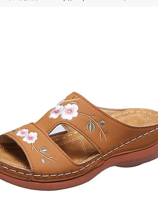 Women Slippers Embroider Flowers Leather Woman Sandals Light Casual Wedges