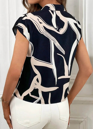 Brush Print Tie Neck Blouse, Elegant Short Sleeve - MimiStylez